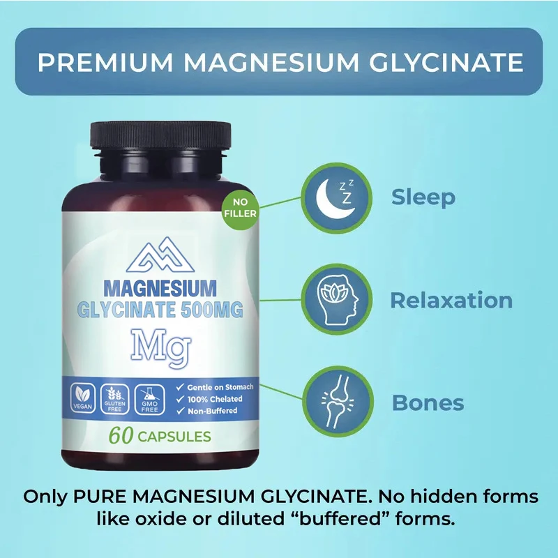 Magnesium Glycine 500mg Capsule Supplement - Pure, 100% Pure, No Fillers - Supports Sleep and Relaxation