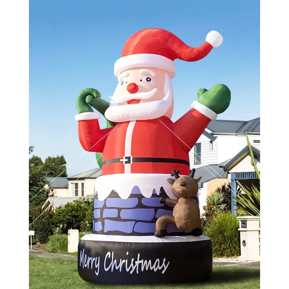 Babbo Natale gonfiabile gigante da 20 piedi nel camino con renna, grande Babbo Natale con ventilatore d'aria per la decorazione natalizia all'aperto