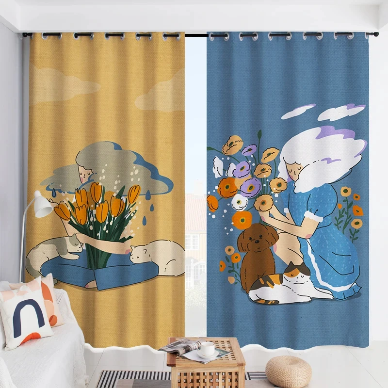 Cute Cat Dog Cartoon High Blackout Curtain Flowers Pattern Bedroom Living Room Bay Window Thick Clackout Drape New Style C