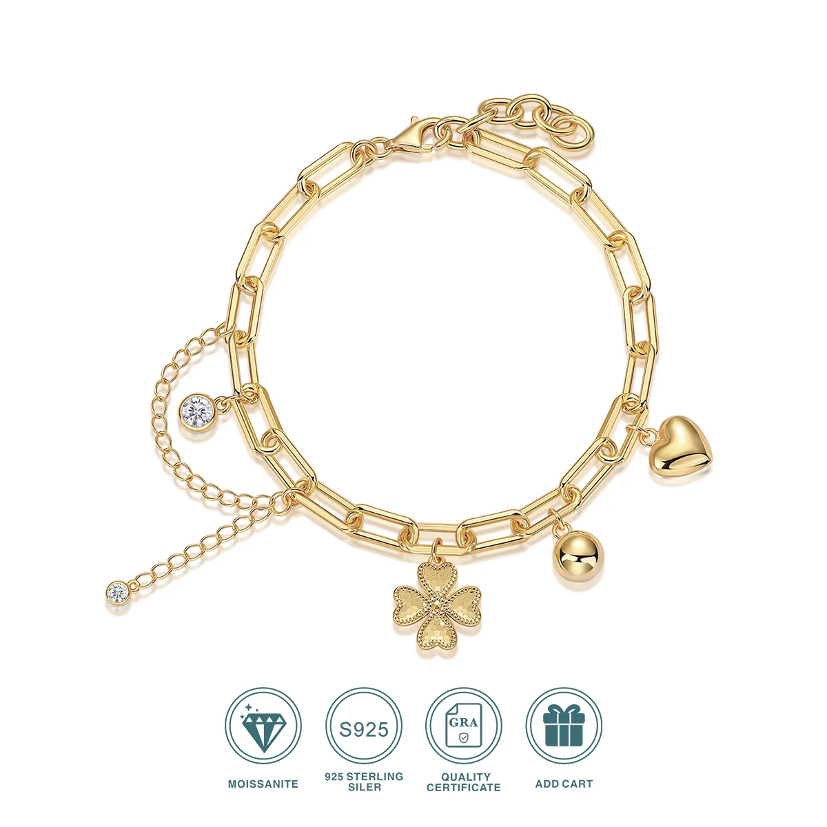 

JIUZUAN Moissanite Bracelet, S925 Silver, 18K Gold Plated, Clover & Heart Pendant, Elegant Hypoallergenic Christmas Gift