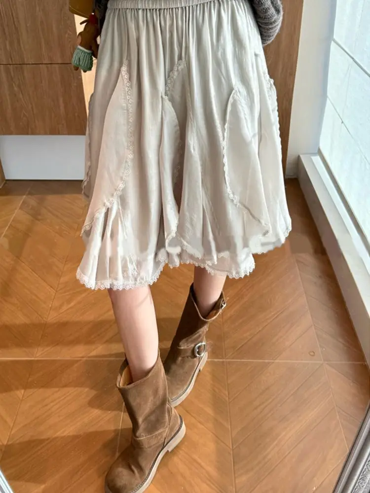 

Solid Color Acetate Autumn Elastic Waist Irregular Lace Lace Skirt