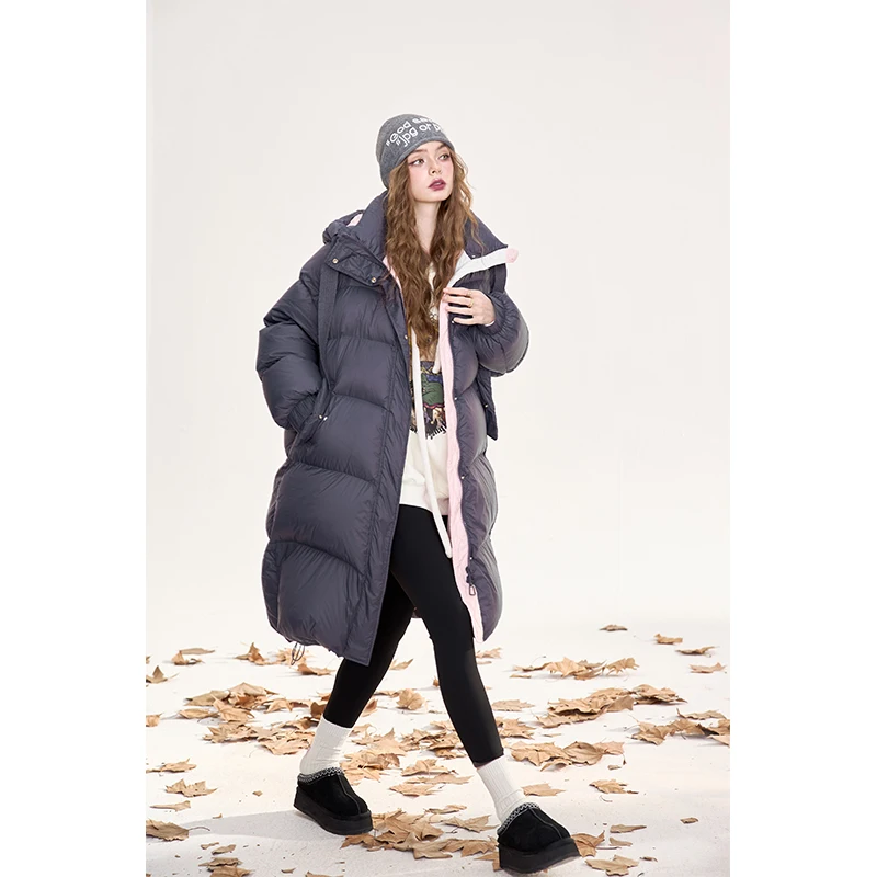 ELFSACK Minimalist Casual Pink Purple Color Block Hooded Puffy Long Down Coat For Women