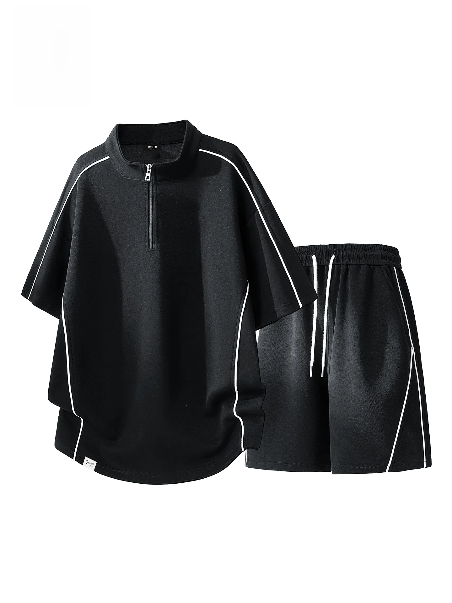 conjunto-de-camiseta-y-pantalones-cortos-casuales-de-verano-para-hombre-cuello-alto-con-media-cremallera-de-cinco-cm-manga-corta-dos-piezas-mezcla-de-poliester-y-algodon