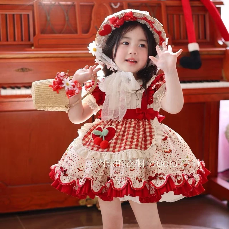 

Handmade Girl Lolita Short-sleeved Puffy Princess Dress Antique Sweet Cherry Dress Boutique Wedding Costume for Girls
