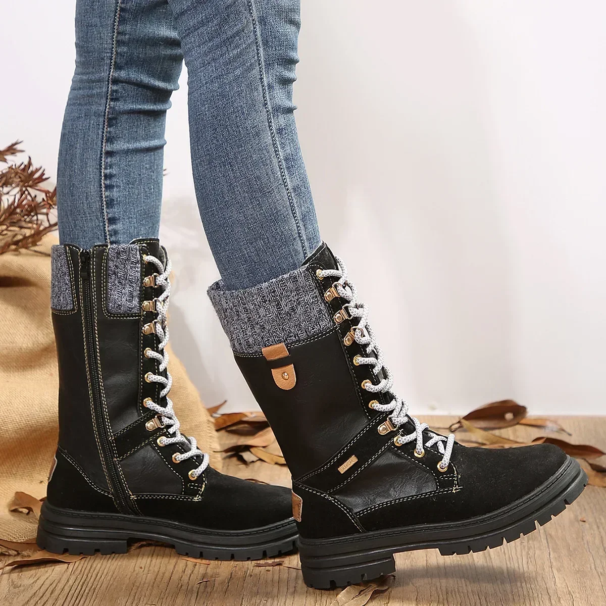 Retro Women Boots Winter Boots for Women Lace Up Mid Calf Boots Woman Round Toe Platform Boot Female  Knight