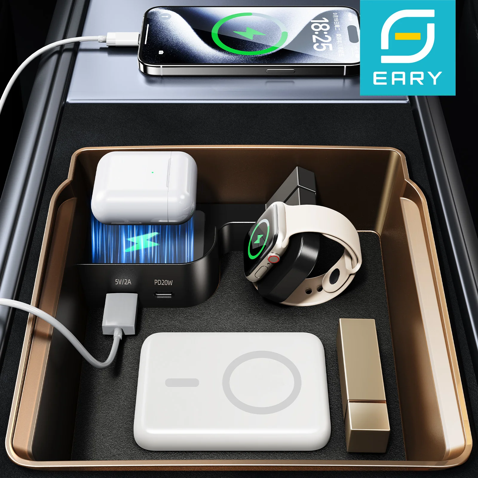 

Eary Car USB Hub Charger for Tesla Model 3 Highland Model Y Juniper Docking Station Fast Charging for Watch Earphone Storage Box
