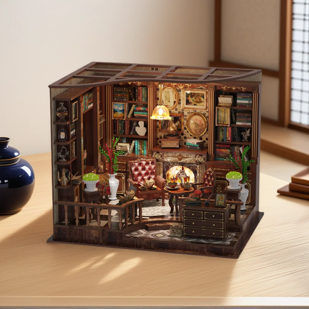لتقوم بها بنفسك مجموعات بناء خشبية مصغرة ثلاثية الأبعاد البنك الأيسر غرفة الدراسة كوخ بيوت الدمى مع الأثاث كازا بيت الدمى لهدايا الأصدقاء #1