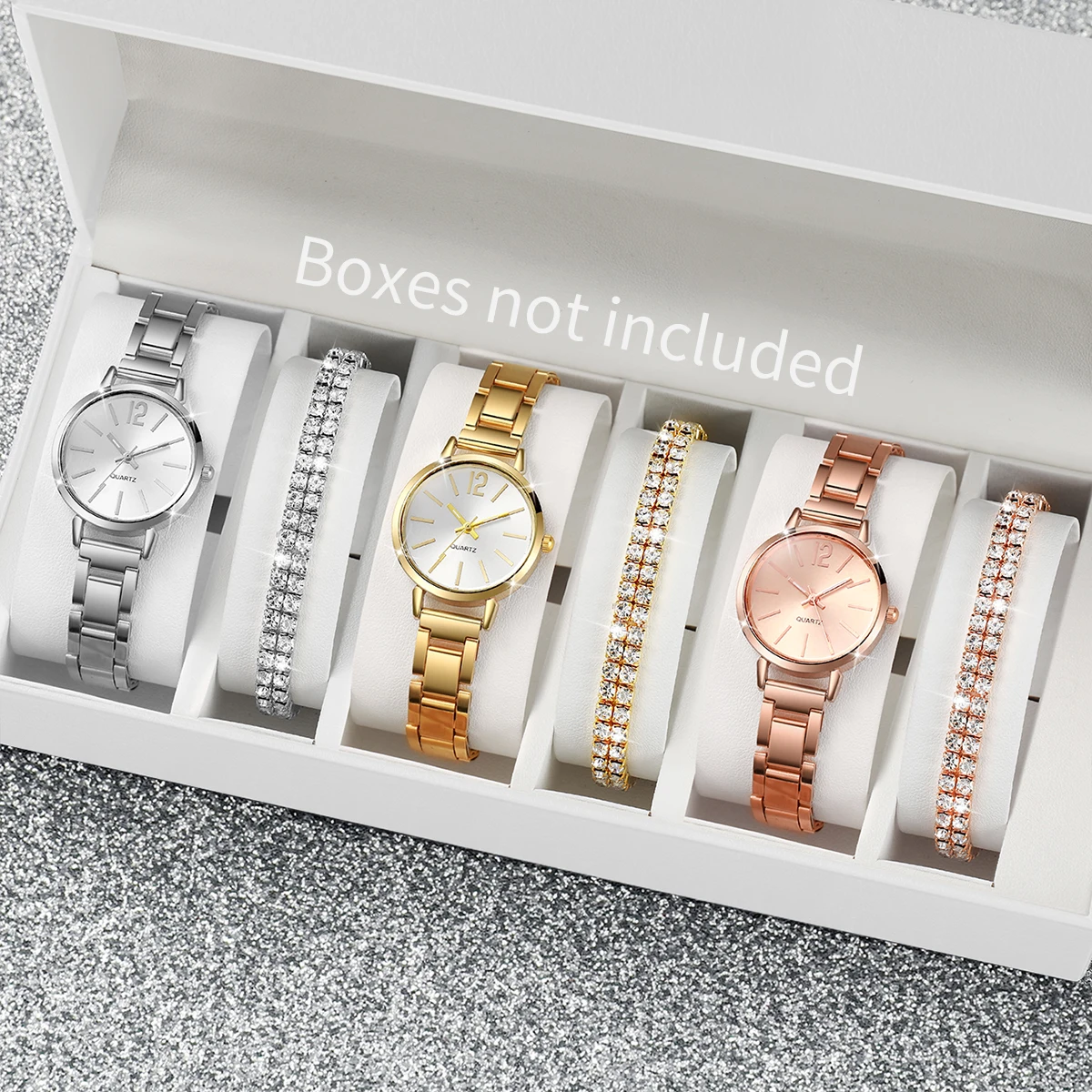 6PCS/Set Women\'s Watch Fashion Steel Band Quartz Watches Diamond Bracelets Set(Without Box)