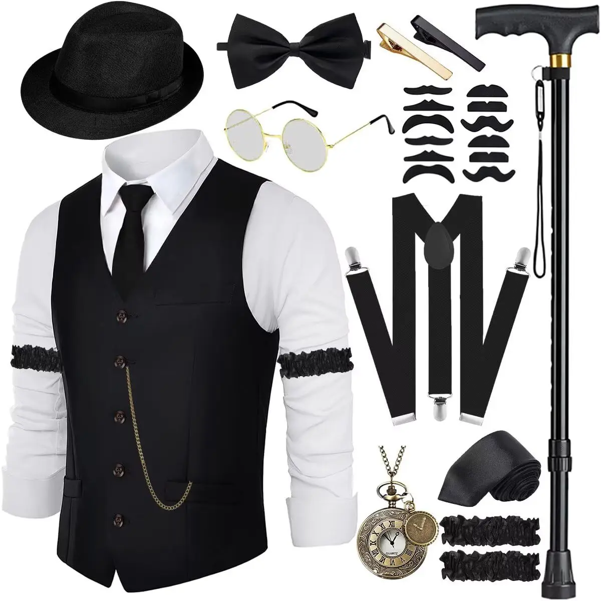 Ensemble de costumes et accessoires pour hommes des années 1920, gilet, bretelles, chapeau, montre d