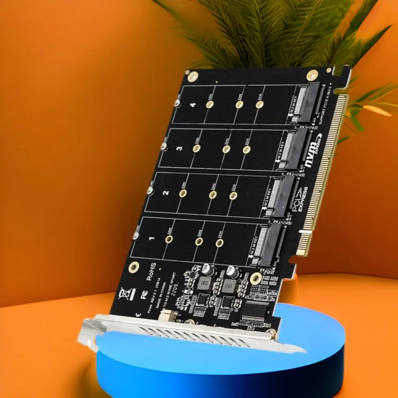 

4 Port NVME Split Card M.2 M Key to PCIE X16 Converter for 2230/2242/2260/2280 Host Controller Expansion Adapter + LED Indicator