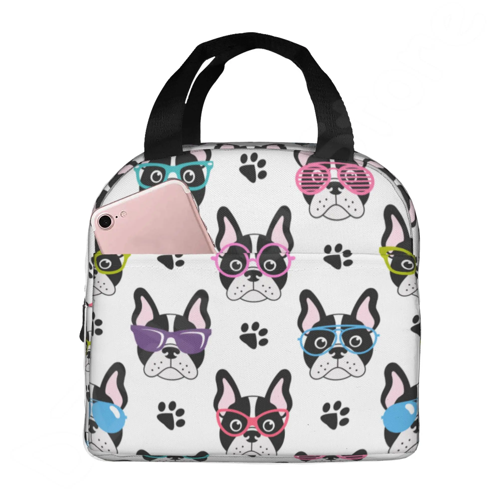 French Bulldog Puppy Facial Insulated Lunch Bag for Work School Picnic Resuable Portable Thermal Cooler Lunch Box for Women Kids