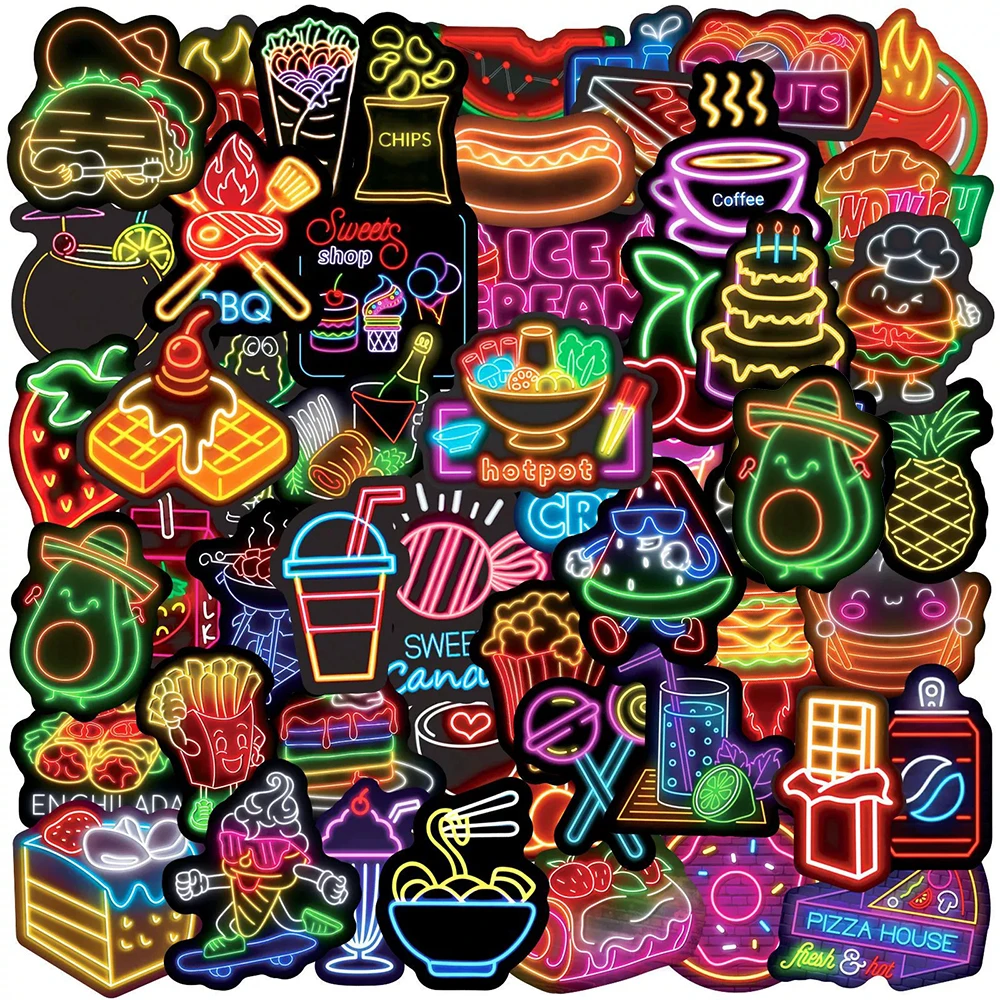 

10/30/50pcs Cartoon Neon Food Stickers Funny Graffiti Sticker Decoration Water Bottle Fridge Phone Laptop Waterproof Decals Pack