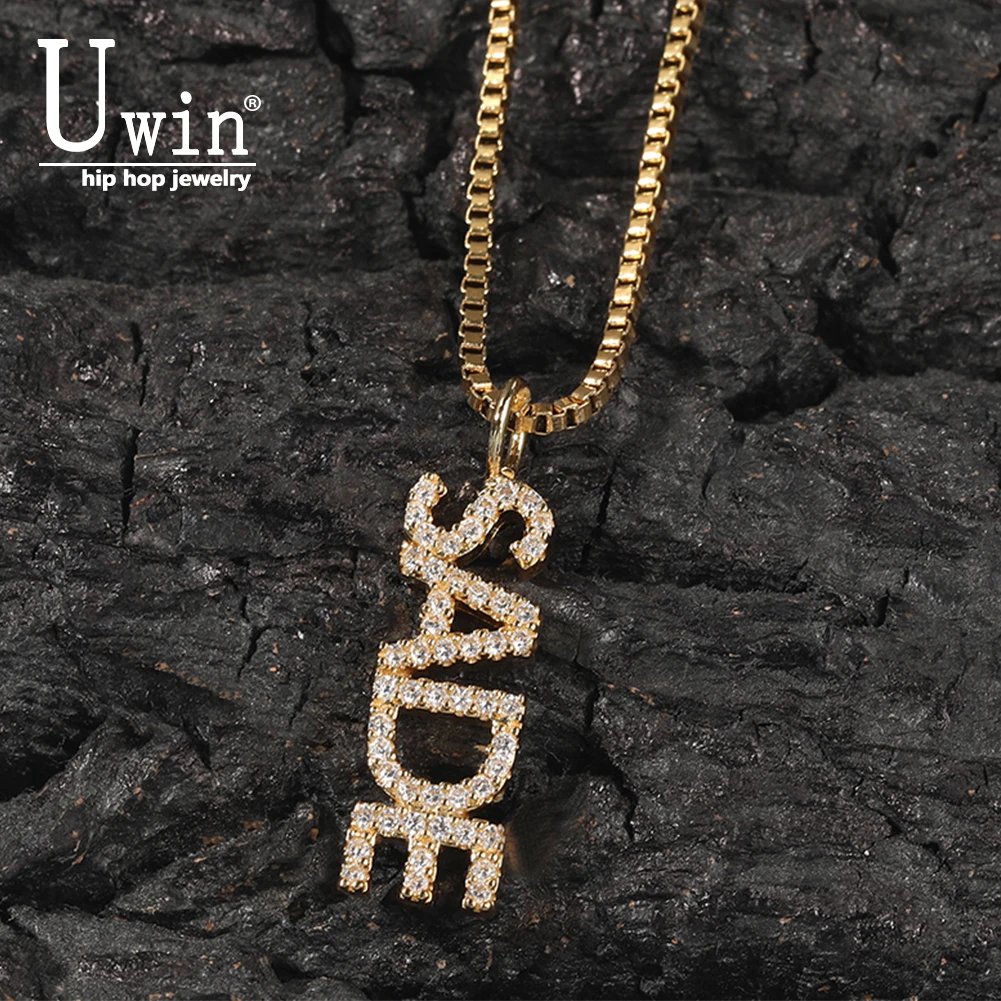 Uwin Custom Personalized Necklace Mini Letters Vertical Name Necklace Box Chain Cubic Zirconia Fashion Hiphop Jewelry