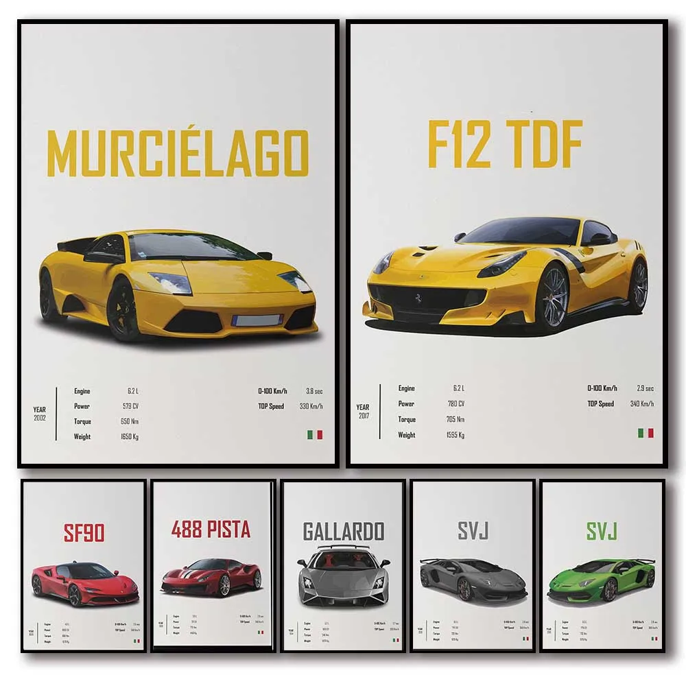 Pop Retro Italy Cars Poster Aesthetic Set Luxury Supercar F40 Svj Canvas Painting for Wall Art Home Garage Room Decor Gift