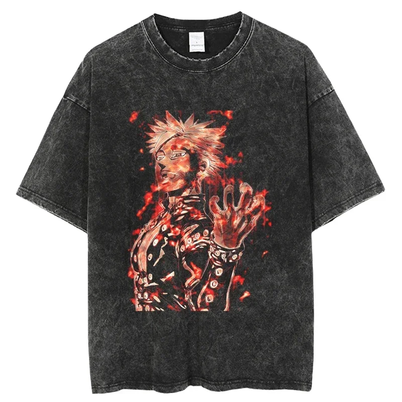 Hotsale The Evevn Deadly Sins Hip Hop Washed T-Shirt Streetwear Harajuku Ripped Oversize Graphic Printed T Shirt Spring Short