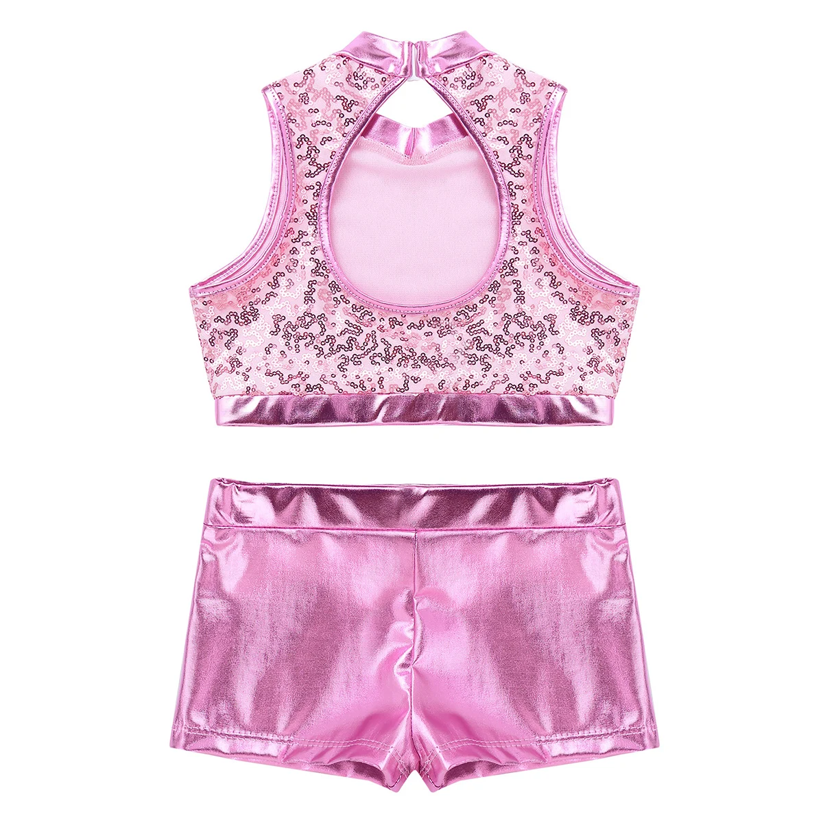 Kids Girls Jazz Dance Outfit Shiny Sequin Sleeveless Hollow Out Crop Top with Shorts Set for Tap Hip Hop Dance Stage Performance