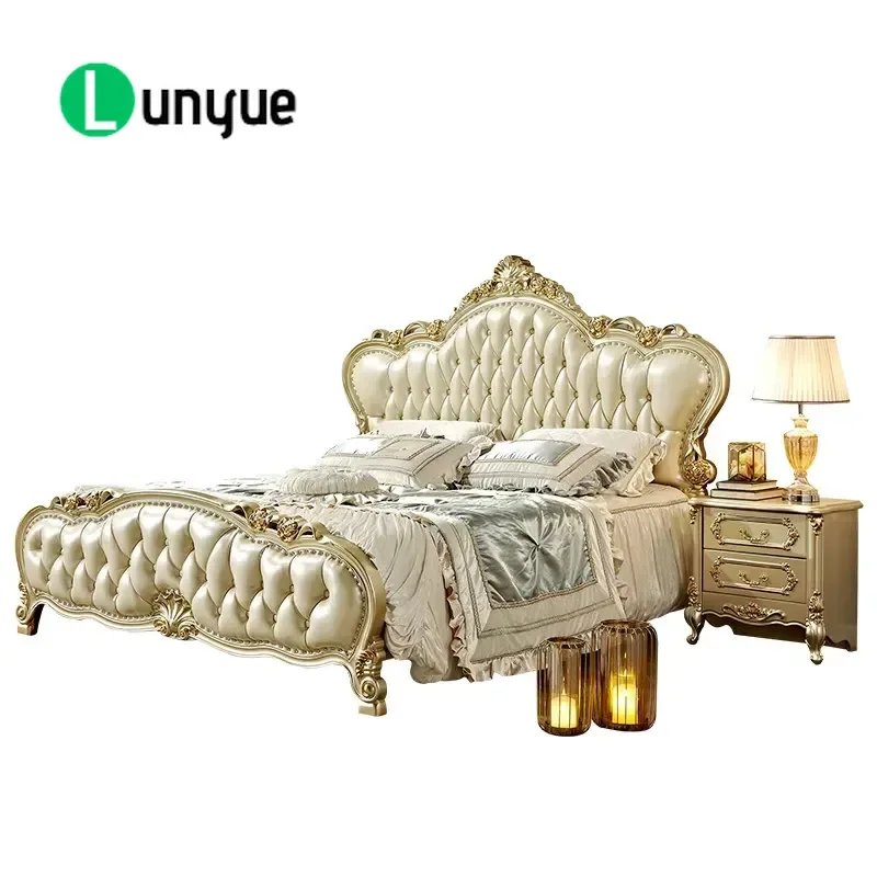 European Deluxe 1.8m Queen Size Bed Frame Champagne Gold Premium Princess Style Leather Upholstered Solid Wood Carved Floral