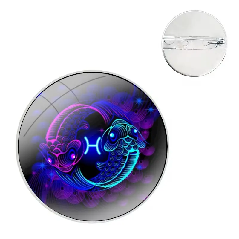 Zodiac Signs Glass Dome Brooches Shirt Lapel Bag Cute Badge Pins For Clothes Hat Accessories