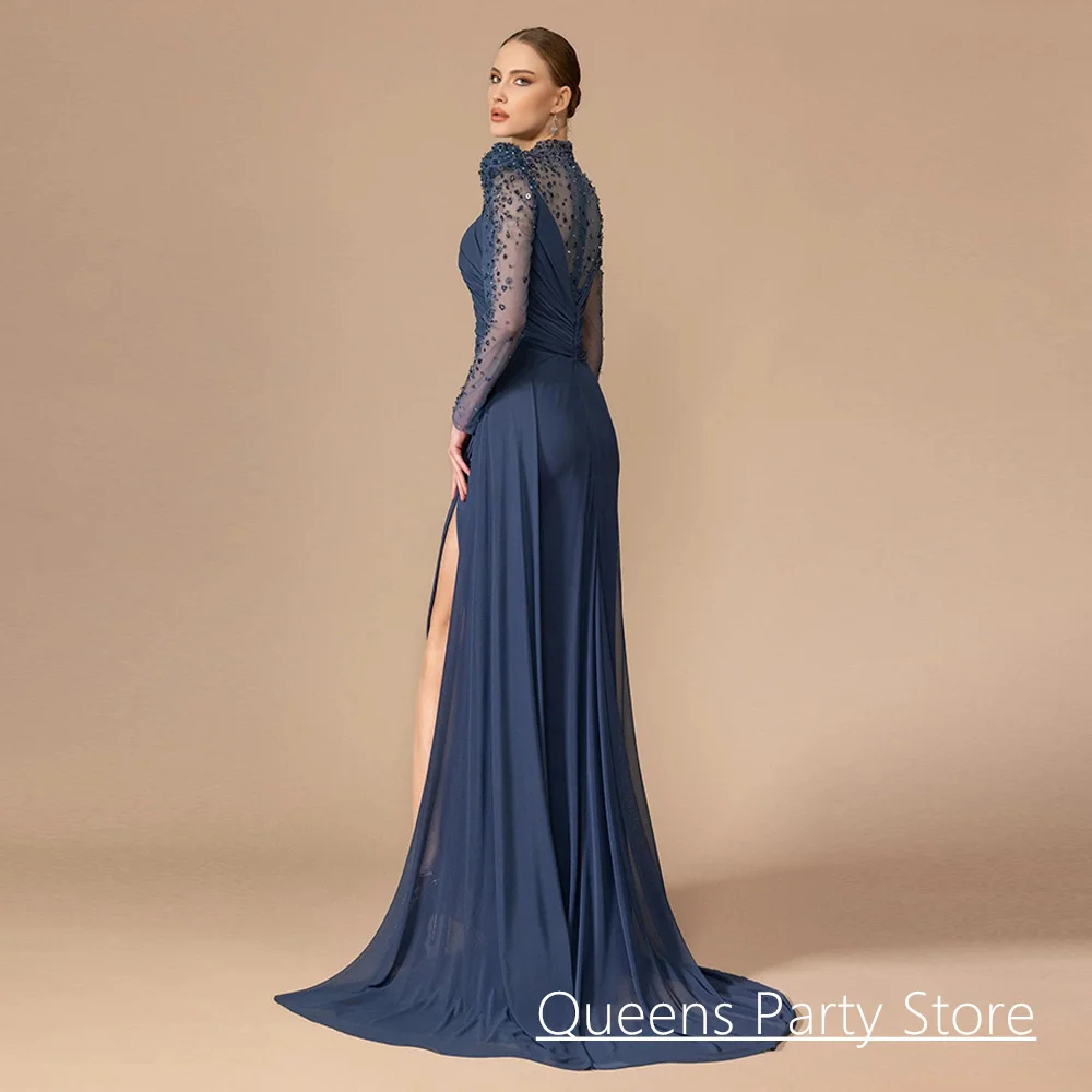 Chiffon Mermaid Evening Dress Customized High Neck Long Sleeves Beading High Slit Special Occasion Gown Arabian Prom Dresses