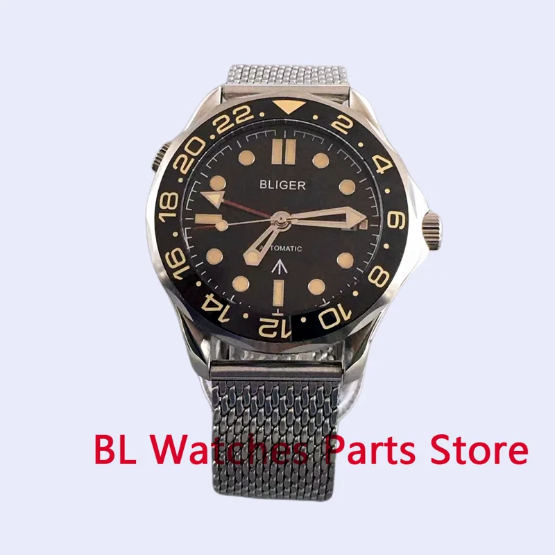 BLIGER 41mm New Mechanical Men Watch Sapphire Glass Japan GMT Movement Mesh Band Rotating Bezel Waterproof Luminous 3oclockDate