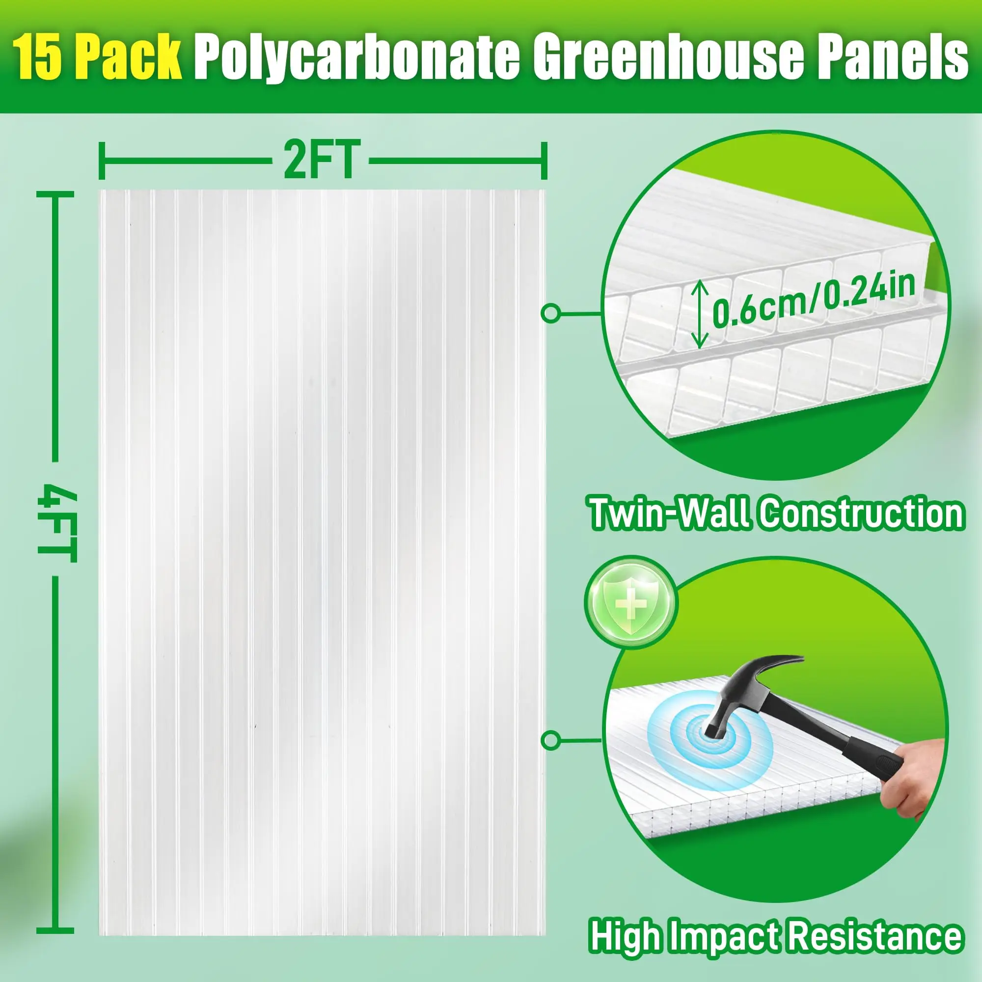 15 Pack Polycarbonate Greenhouse Panels 4' x 2' x 0.24'' Twin-Wall Polycarbonate Sheets, Greenhouse Replacement Panels