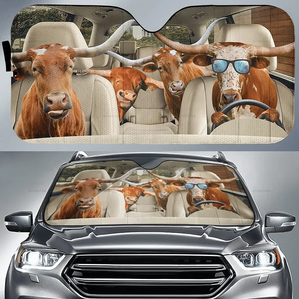 Texas Longhorn Cattle Family Driving On Summer Car Sunshade Windshield Window, Gift for Farmer Farm  Car Windshield Auto Visor