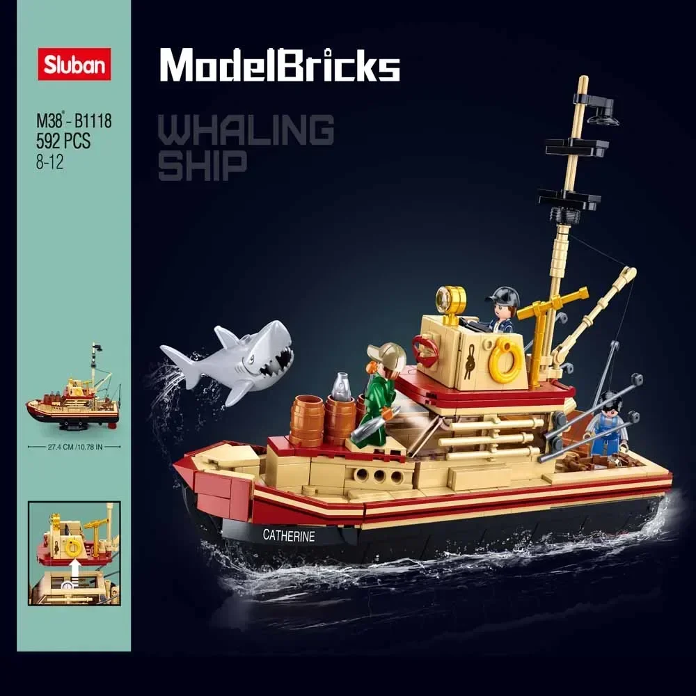 Sluban M38-B1118 Building Blocks Toy Fishing Boat 592PCS Model Building Bricks Set The Great Sharks Ship Toys For Children Gift