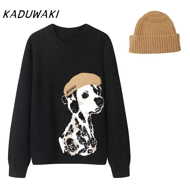 KADUWAKI Fall/winter Women's Retro Round Neck Long-sleeved Jumper Fashion Spotted Dog Sequins Letters Embroidered Flower Sweater