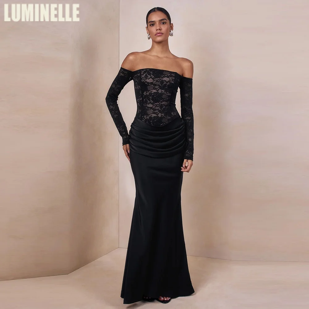 bardot neckline prom dress Black Lace And Satin Bardot-Neck Maxi Dress Bodice 3/4 Sleeve Sexy Prom  Dresses 2026 for Women Mermaid Cocktail Gowns Customized