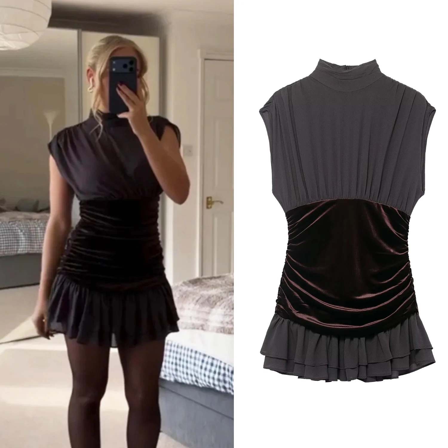 Moda feminina veludo mini vestido emenda em camadas retalhos sem mangas feminino sexy festa zíper fino plissado a linha vestido curto