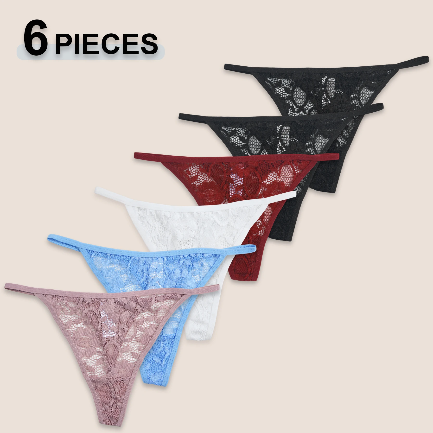 6PCS Tangas Sexys para Mujer, Semitransparentes, de Encaje Floral, Tanga de Cintura Baja, Ropa Interior de Color Sólido, Simple y a la Moda