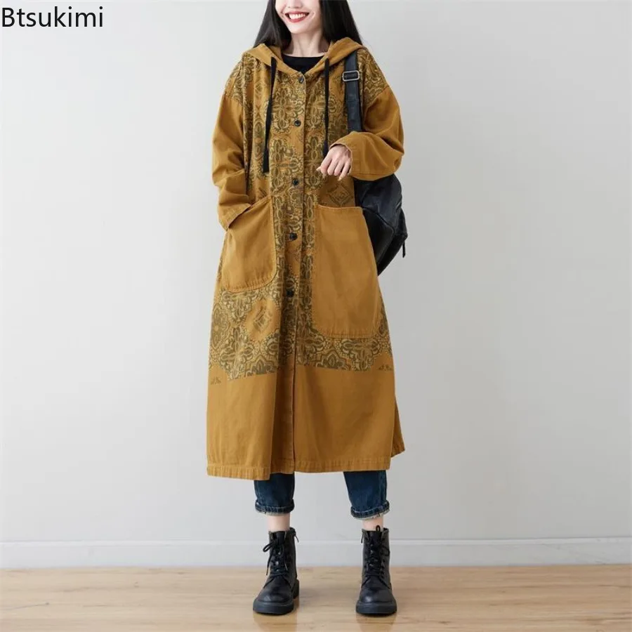 2025 Autumn New Women's Korean Fashion Trench Coats Loose Casual Vintage Print Hooded Cardigan Jacket Ladies Harajuku Streetwear