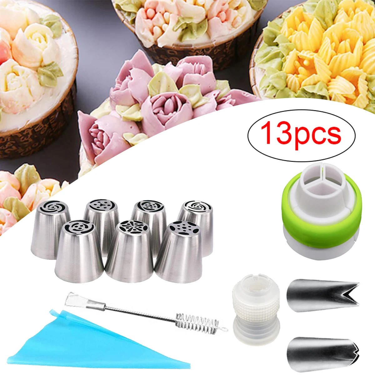 

13Pcs/Set New Russian Icing Piping Tips ilicone Bag Coupler Leaf Nozzles Brush Cupcake Cake Decorating DIY Dessert Flower