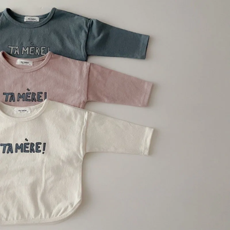 Kids Casual Loose Long Sleeves T-shir Baby Girls Solid Letter Tops Boys Simple Cotton Bottoming Shirt Infant New O-neck Tees