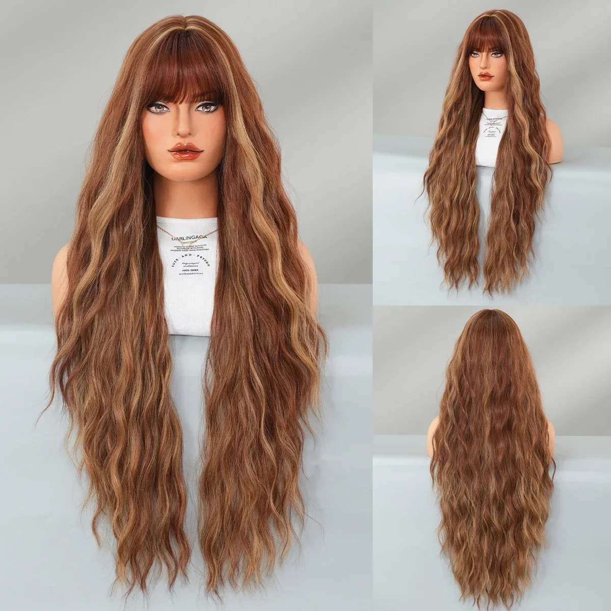 PARK YUN Synthetic Extra Long Curly Light Brown Wig for Women Daily Party Lolita Highlight Blonde Wigs With Neat Bangs 36Inch