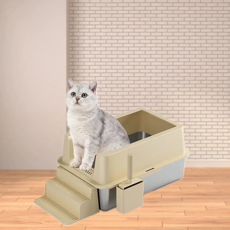 Large Space Stainless Steel Cat Litter Box Easy To Clean Widened Thickened To Prevent Splashing Semi Enclosed Cat Litter Box