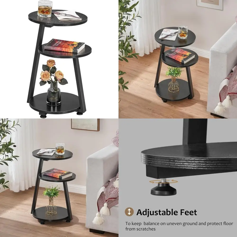 

Акцентный стол с круглым металлическим каркасом и 3-уровневыми полками, небольшой приставной столик для гостиной, тумбочка для спальни, диванный столик