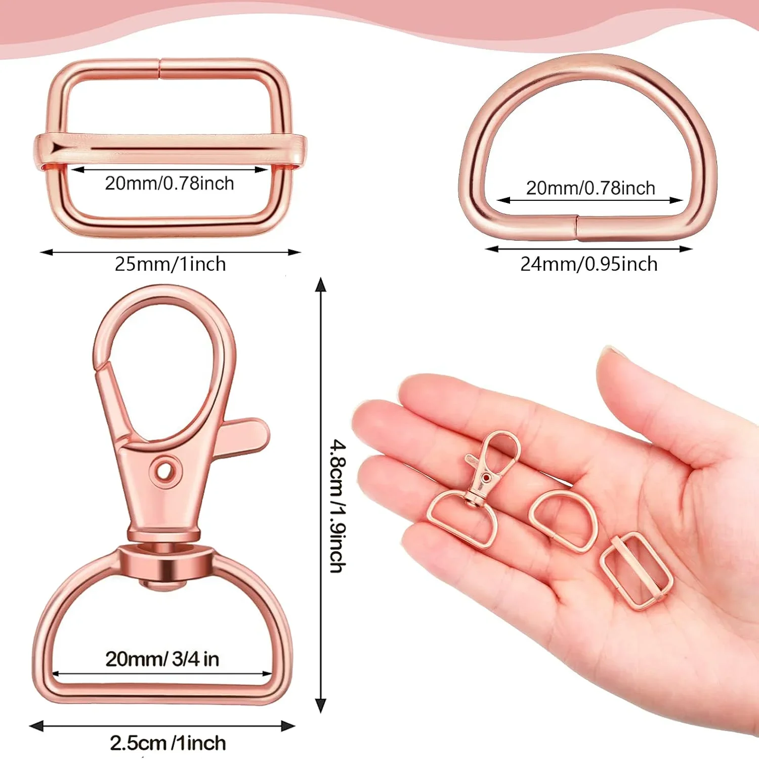 48Pcs 3/4 Inch Purse Hardware Kit Swivel Snap Hooks D Rings Slide Buckles Set Metal Keychain Clips For Lanyard Bag Strap Making