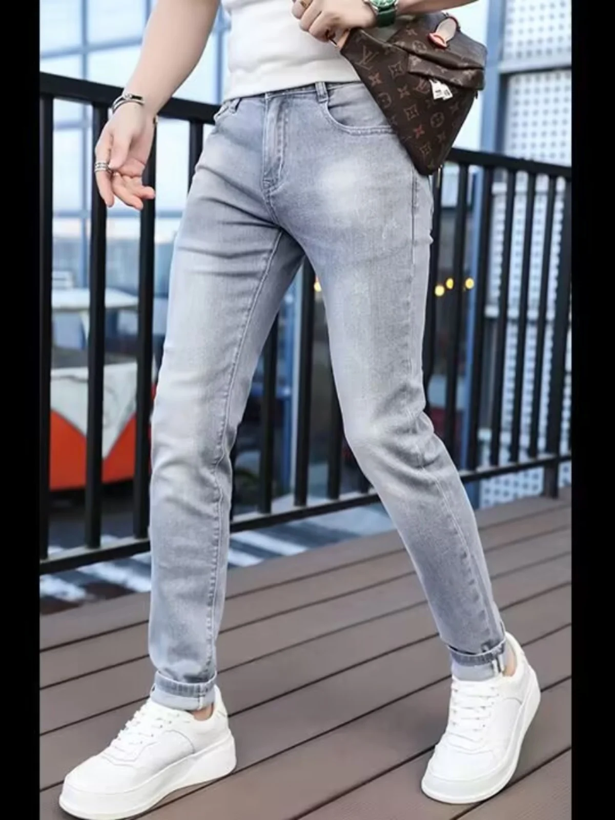

Мужские джинсы Slim Fit, весенне-осенние модные брендовые тонкие легкие эластичные длинные брюки с принтом, повседневные хлопковые эластичные джинсы