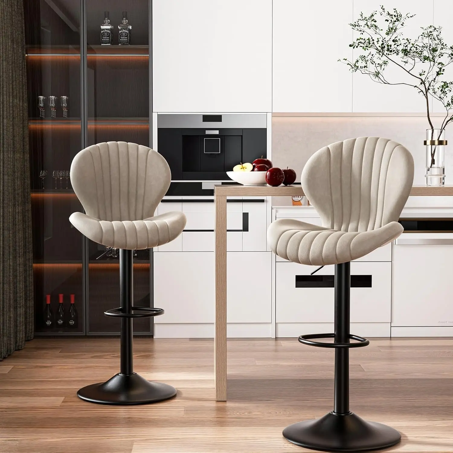 Barhocker 2er Set | Barhocker Höhenverstellbar mit Lehne •Hocker aus Stoff•Küchenstühle mit Fußstütze •Barstühle Drehstühle •360