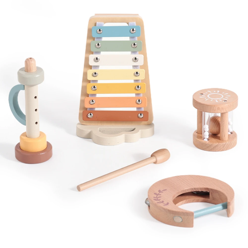 Wooden Musical Instrument,Rattle Baby Toys,Xylophone Tambourine Clarinet Natural Wooden Baby Toys Fine Motor Skills Toys for Kid