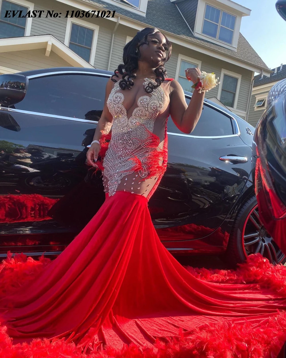 EVLAST Customized Red Feather Mermaid Long Prom Dress For Black Girls Silver Crystal Beads Party Gala Gown Robes De Soirée P123