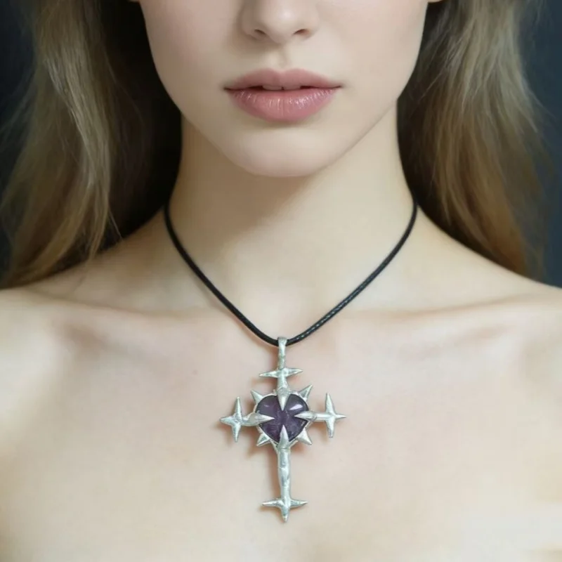 

Glass Rose Quartz Crystal Amethyst Pendant Necklace Handmade Soldered Heart Cross Claw Spiky Brutalist Y2k Jewelry