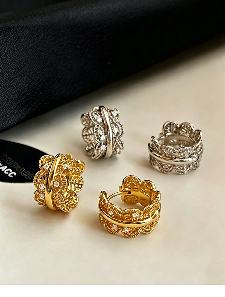 Luxuriöse Spitzen-Filigran-Ohrringe in Goldfarbe mit eingelegten CZ-Steinen, hohle florale Ohrclips für Damen, elegantes Schmuckgeschenk. – Detail 6