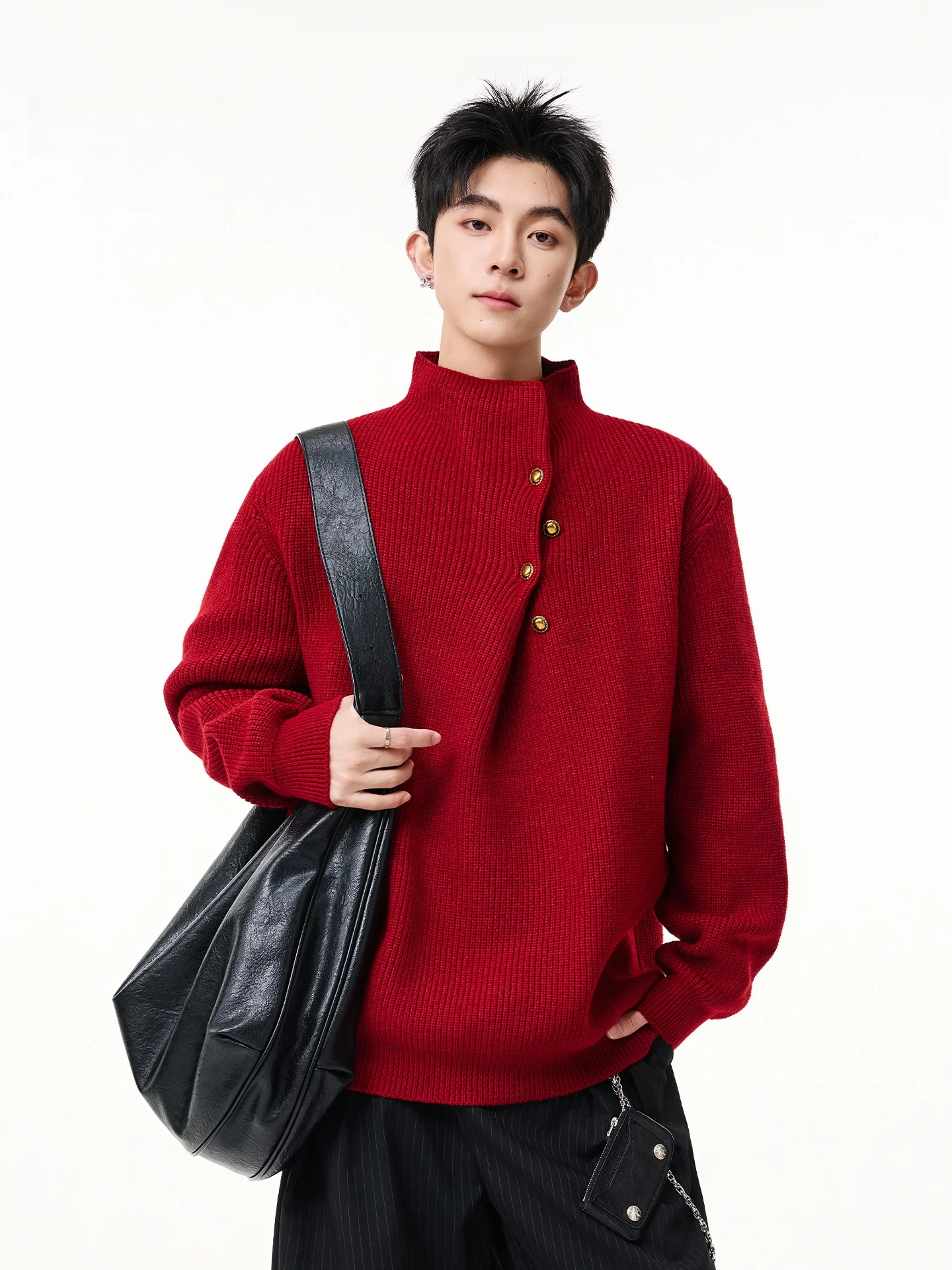 

Красный мужской вязаный свитер с высоким воротником, осенне-зимний, утепленный, свободного кроя, на пуговицах, новогодний топ в американском стиле, полиэстер