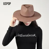 USPOP Fashion Vintage Brown Wool Fedora Hat with Belt for Women Men Autumn Winter Unisex Wide Brim Warm Felt Hat - Image 3