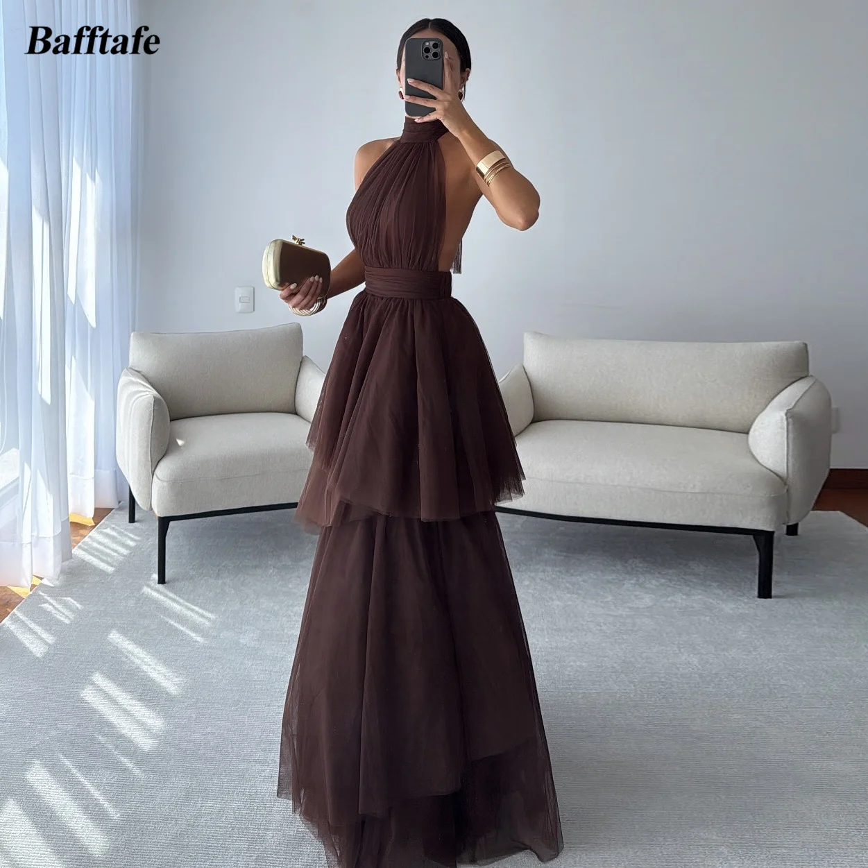 

Bafftafe Коричневые тюлевые длинные платья для выпускного вечера по индивидуальному заказу Многоуровневые многослойные вечерние платья с лямкой на шее Сексуальное специальное платье с открытой спиной