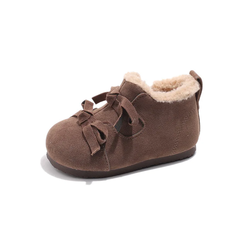 Bottes courtes rétro avec double nœud papillon pour enfants, bottes de neige pour garçons et filles, chaussures chaudes en coton, design mignon pour bébé, hiver