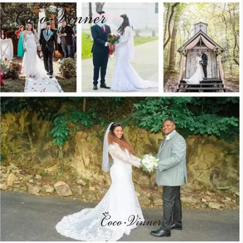 Imagen 2 del producto Ilusión de espalda con botones América Boho sirena vestidos de novia para mujer bordado de encaje personalizado en vestido de novia de red W1070