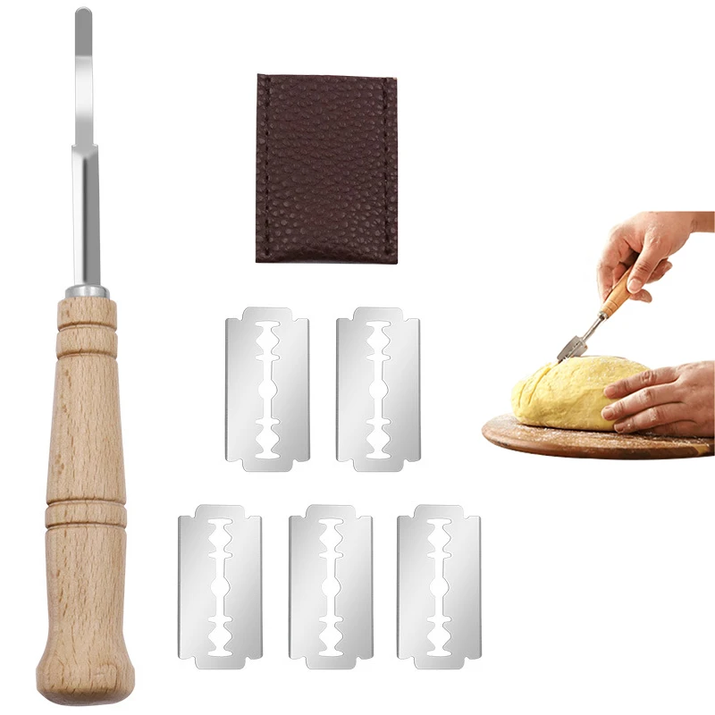 Wooden Handle Sourdough Bread Scoring Lame Bread Slashing Tool With 5Pcs Blades Bakers Lame Dough Scoring Knife Kitchen Tools